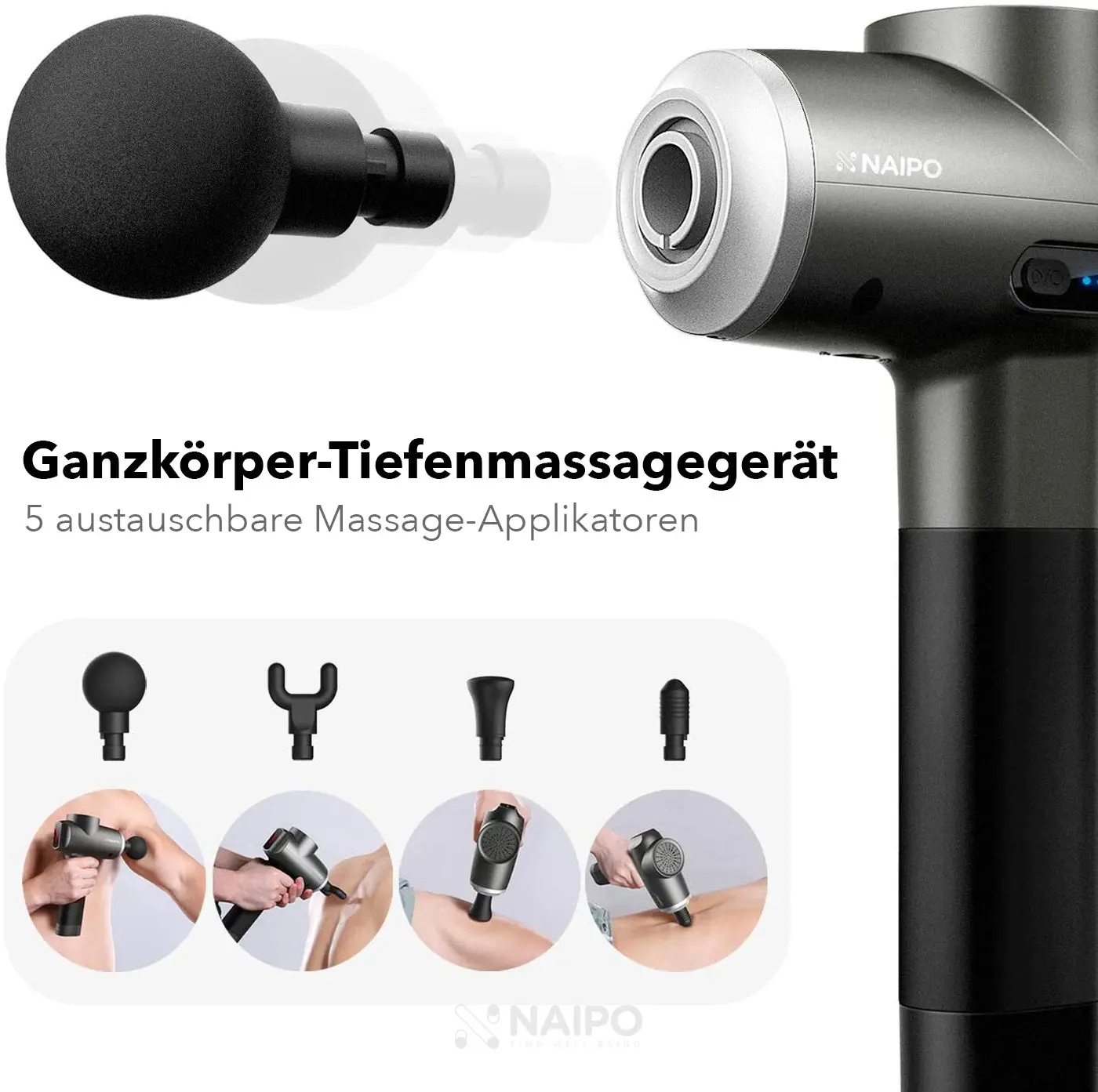 NAIPO® Pro - Massagepistole, einstellbare Intensität, inkl. 5 Aufsätze für Nacken, Schulter, Rücken - Image 11