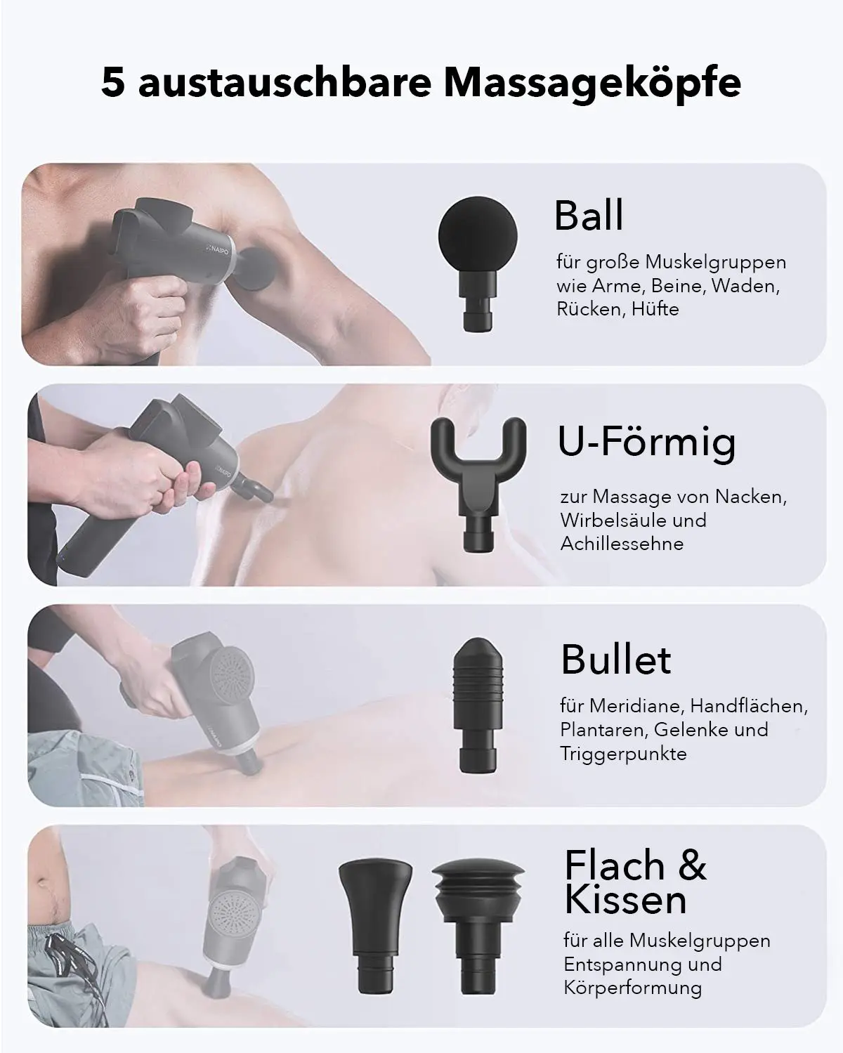 NAIPO® Pro - Massagepistole, einstellbare Intensität, inkl. 5 Aufsätze für Nacken, Schulter, Rücken - Image 4